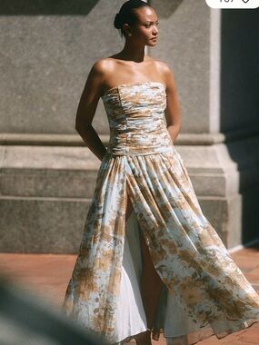 Anthropologie Mint and Tan Floral Strapless Maxi Dress